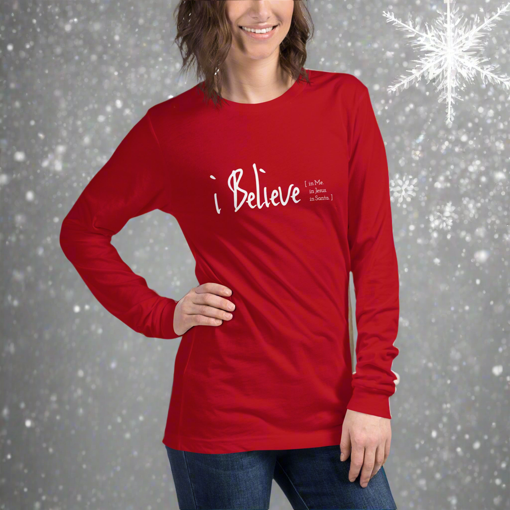 Boliver Bloom i Believe in Me Jesus Santa Long Sleeve Tee Front Snow
